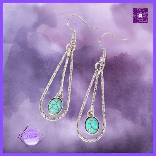 Hammered-Texture 9mm Oval Semi-Precious Natural-Stone Drop Teardrop Dangle Earrings