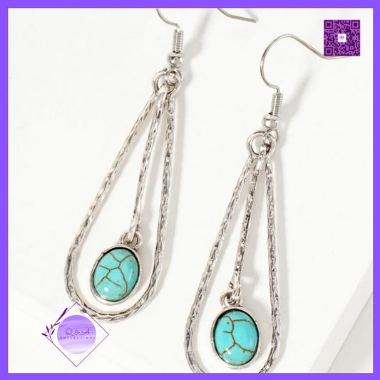 Hammered-Texture 9mm Oval Semi-Precious Natural-Stone Drop Teardrop Dangle Earrings