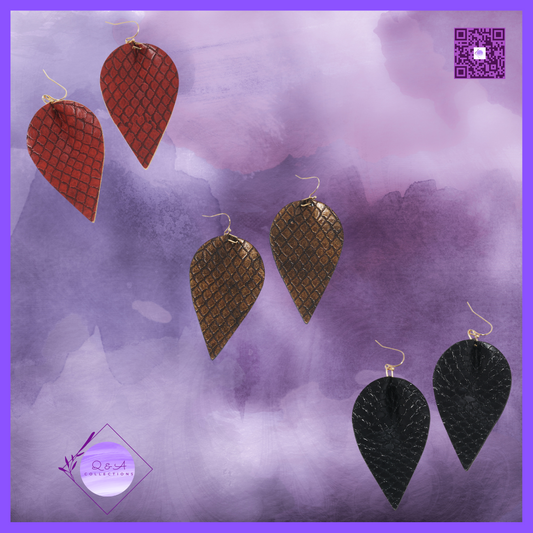 Snake Skin Printed Leaf Shaped Leatherette Fish Hook Dangle Drop Earrings