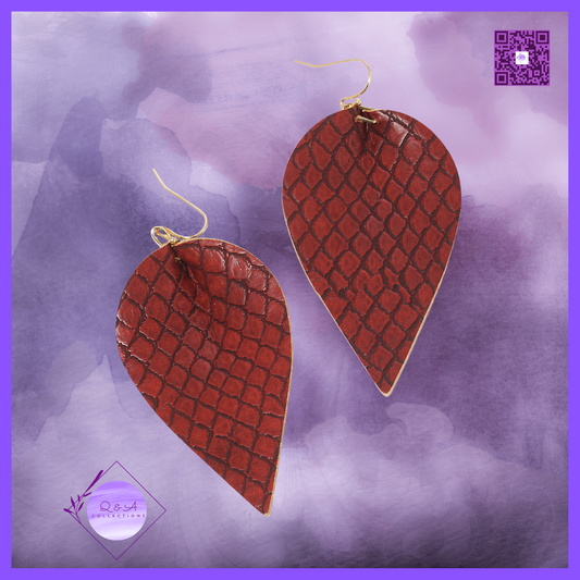 Snake Skin Printed Leaf Shaped Leatherette Fish Hook Dangle Drop Earrings