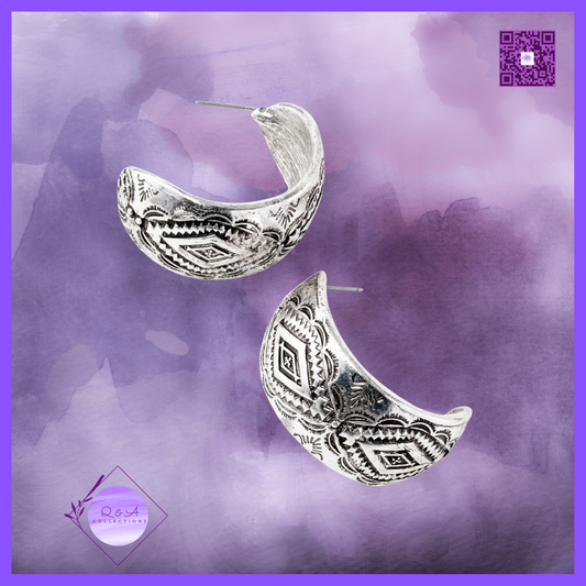 Western Tailored Pattern 35mm Wide Hoop Earrings - Diamond Chain Design