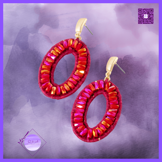 Glass Bead Raffia Wrapped Oval Drop Dangle Post Earrings