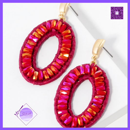 Glass Bead Raffia Wrapped Oval Drop Dangle Post Earrings