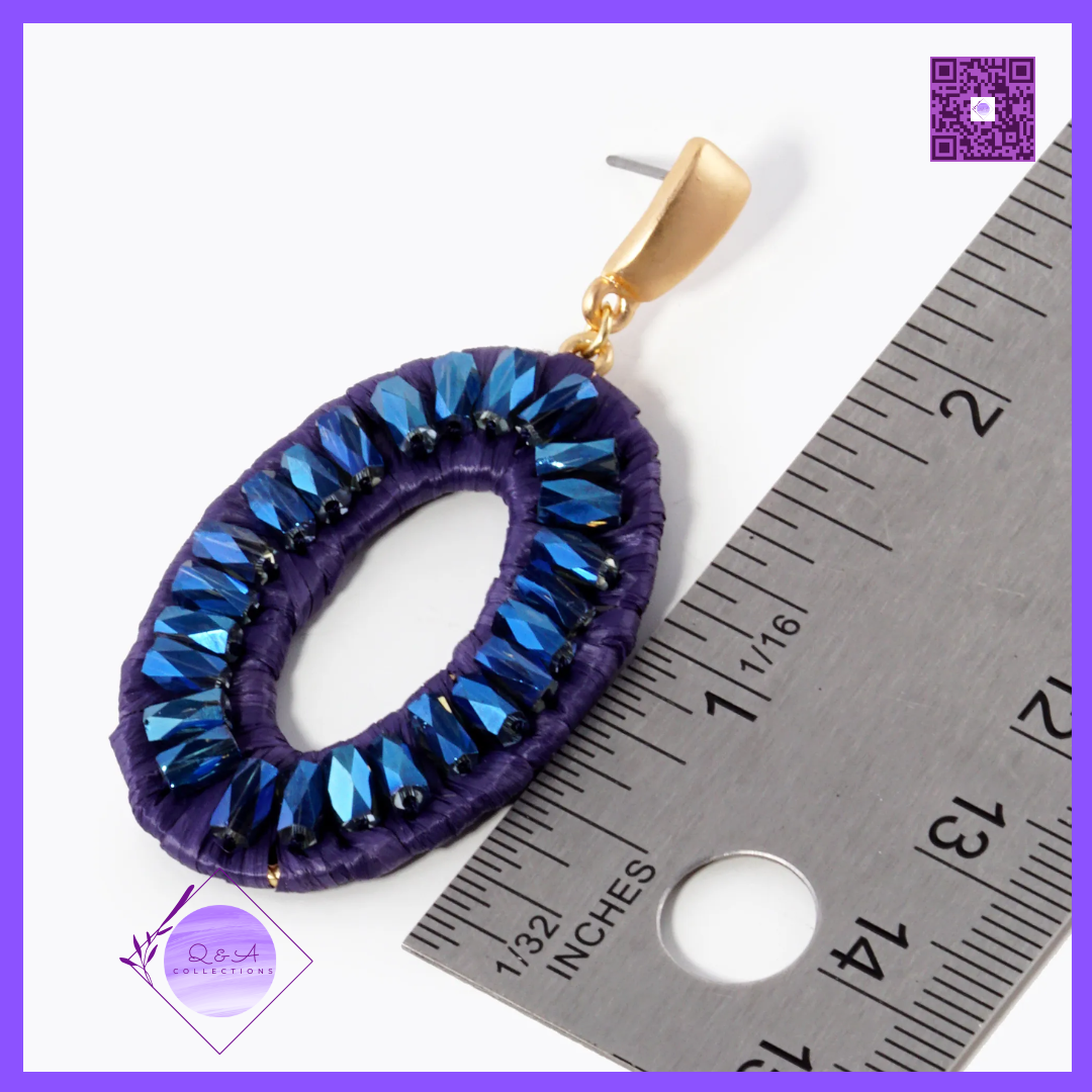 Glass Bead Raffia Wrapped Oval Drop Dangle Post Earrings