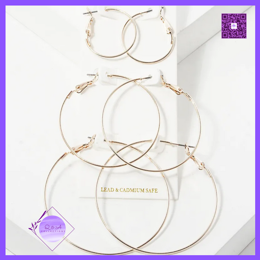 3-Pair Set Weightless Metal Leverback Hoop Earrings