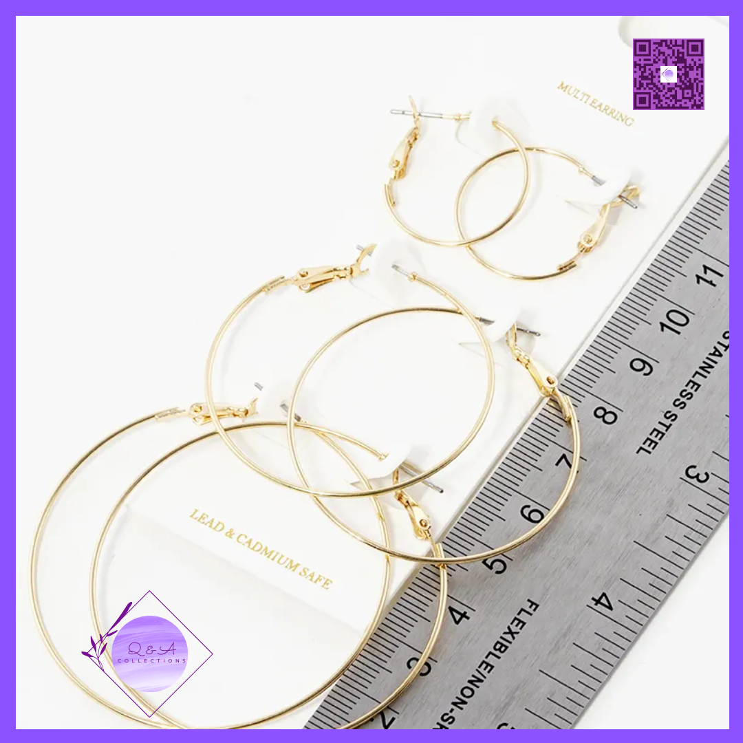 3-Pair Set Weightless Metal Leverback Hoop Earrings