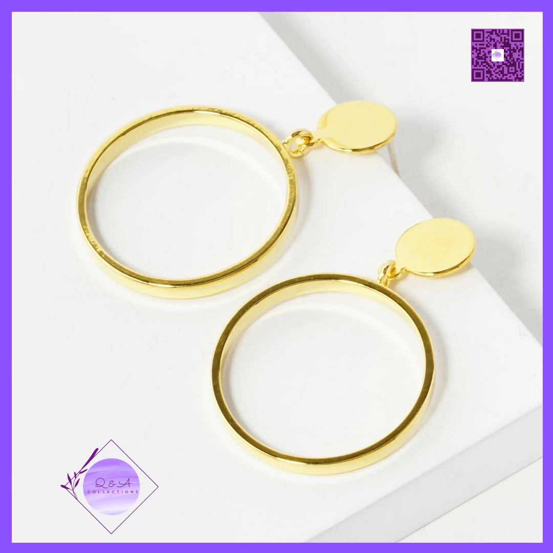 18K Gold Dipped 20mm Brass Circle Drop Sterling Silver Post Dangle Earrings