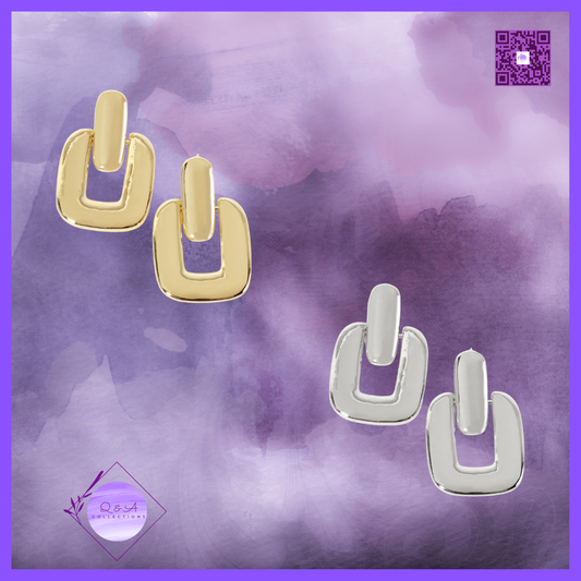 Polished Brass Rectangle Doorknocker Design 18K-Gold-Dipped Dangle Post Earrings