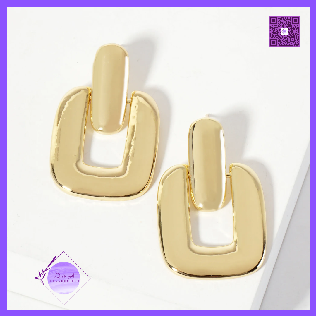 Polished Brass Rectangle Doorknocker Design 18K-Gold-Dipped Dangle Post Earrings