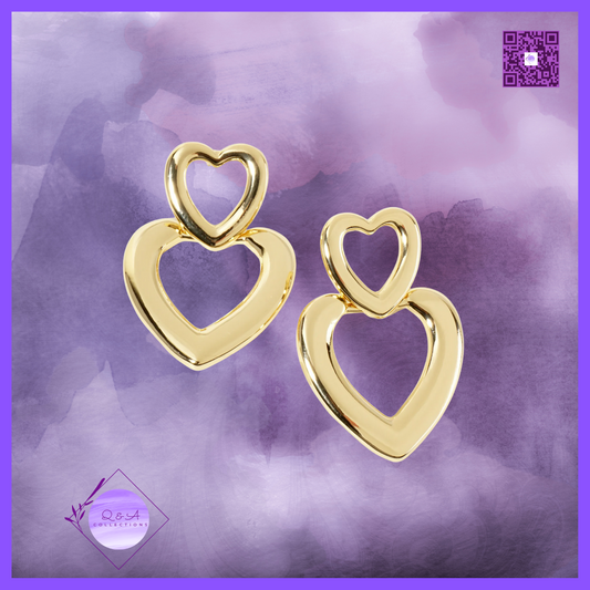 Polished Brass Cutout Double Heart Drop 18K-Gold-Dipped Dangle Earrings