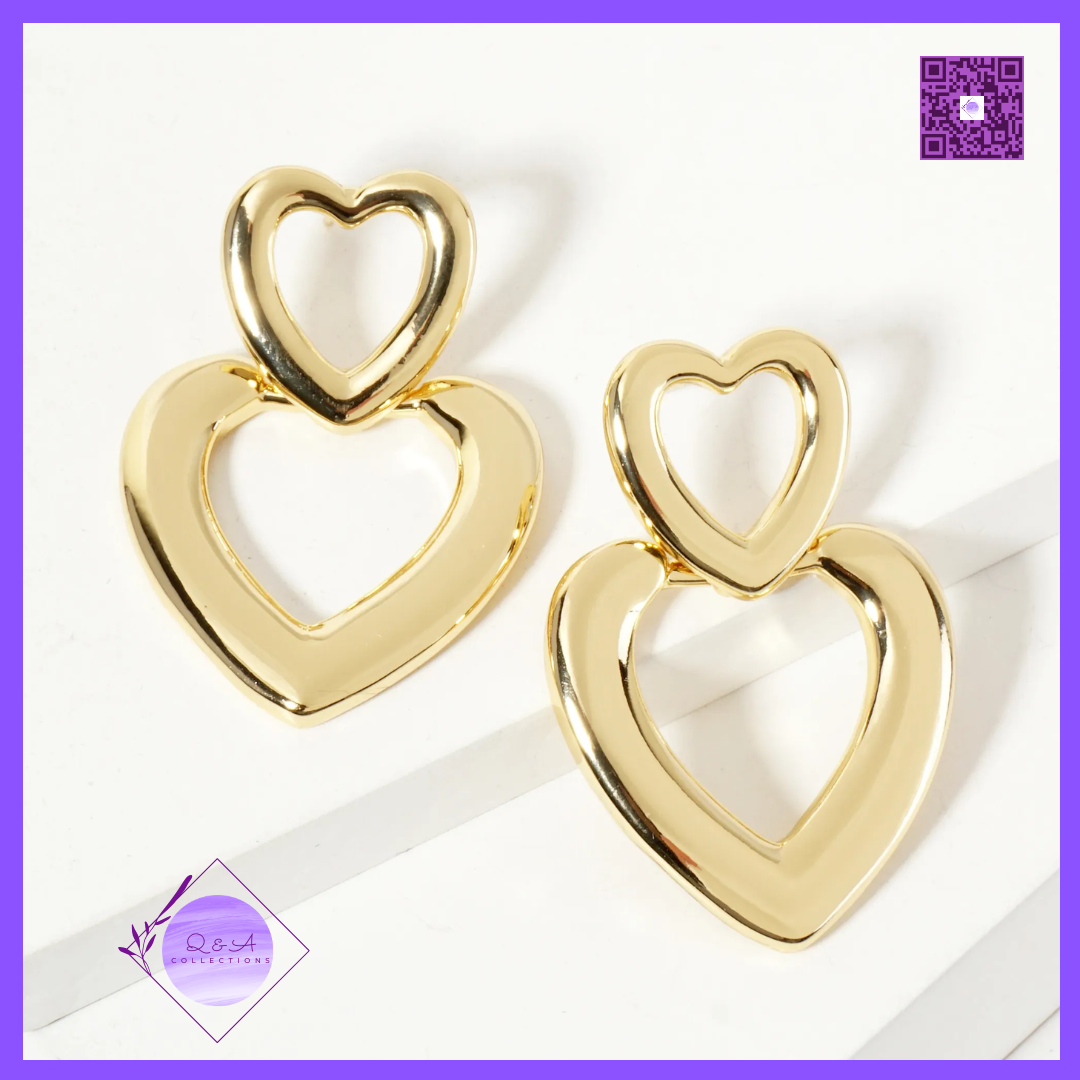 Polished Brass Cutout Double Heart Drop 18K-Gold-Dipped Dangle Earrings