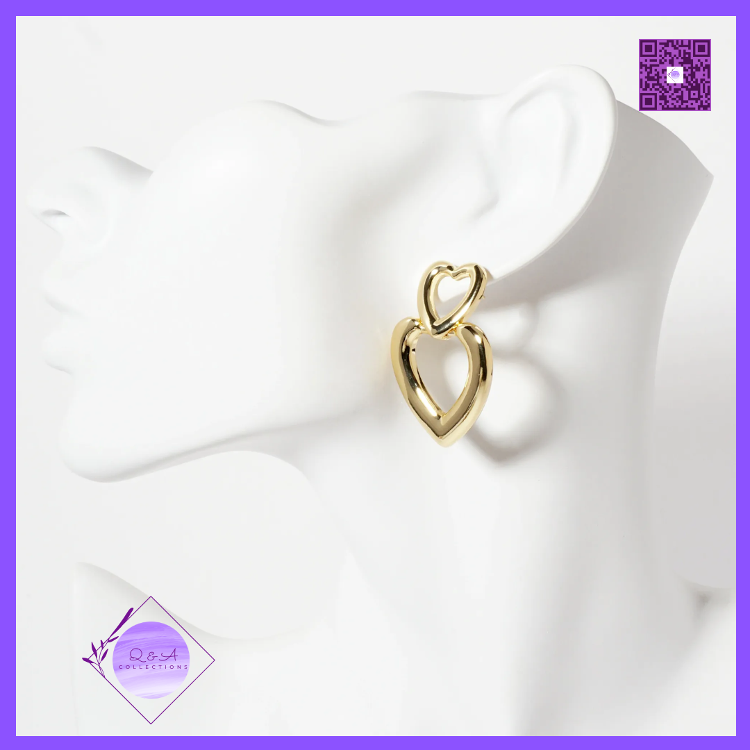 Polished Brass Cutout Double Heart Drop 18K-Gold-Dipped Dangle Earrings