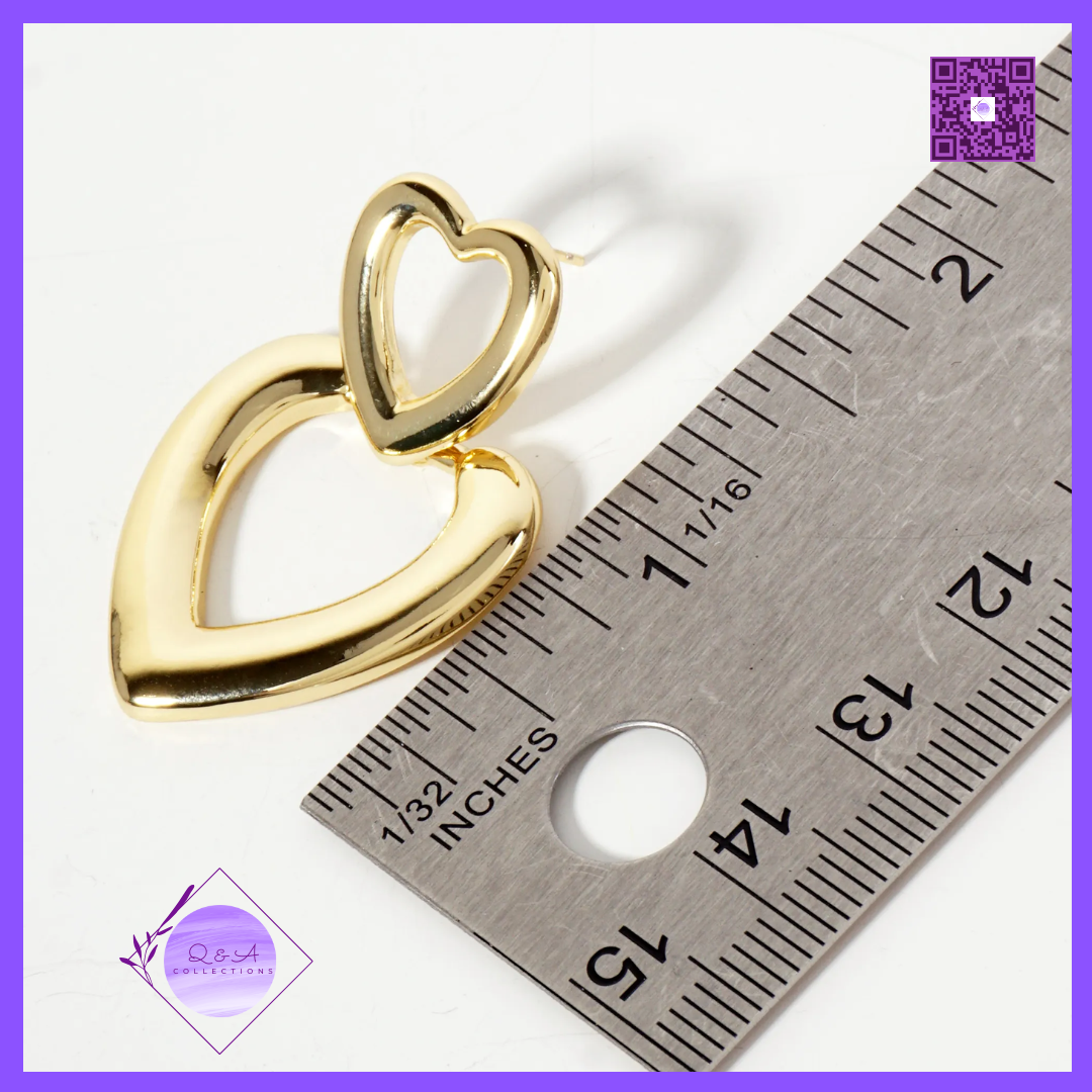 Polished Brass Cutout Double Heart Drop 18K-Gold-Dipped Dangle Earrings
