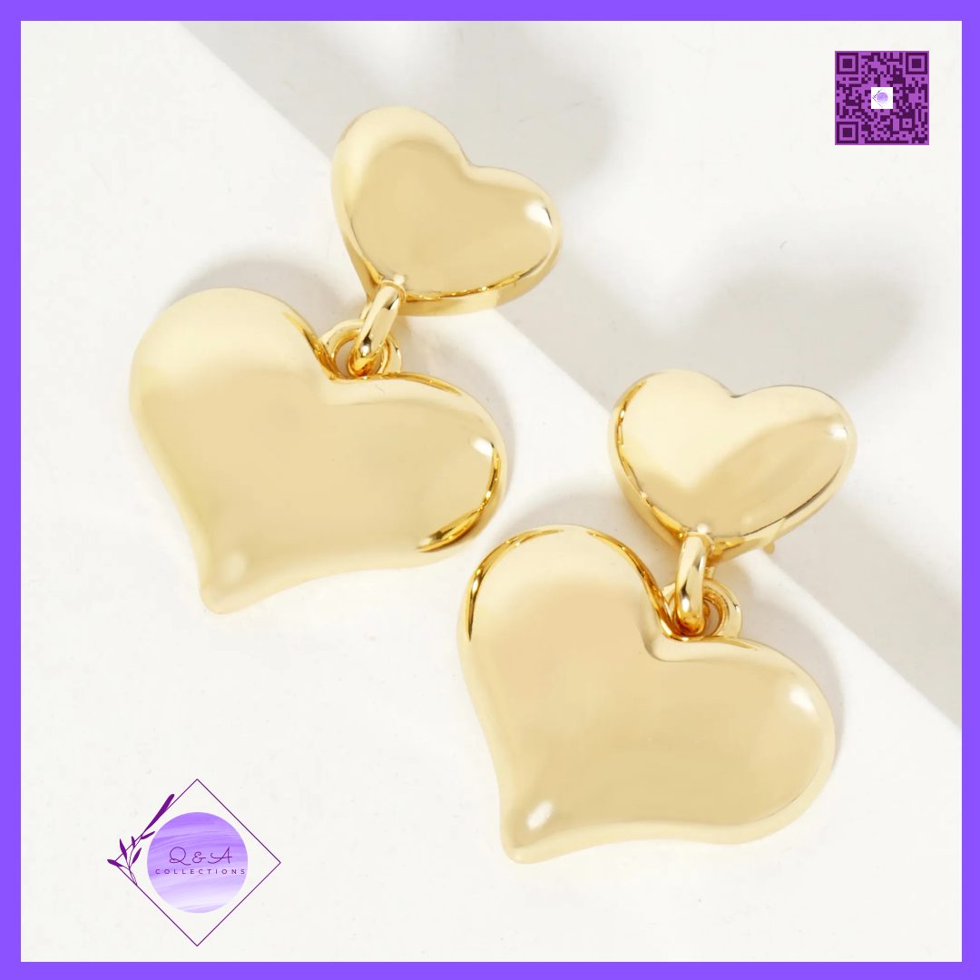 Polished Brass Double Heart Drop 18K-Gold-Dipped Dangle Earrings