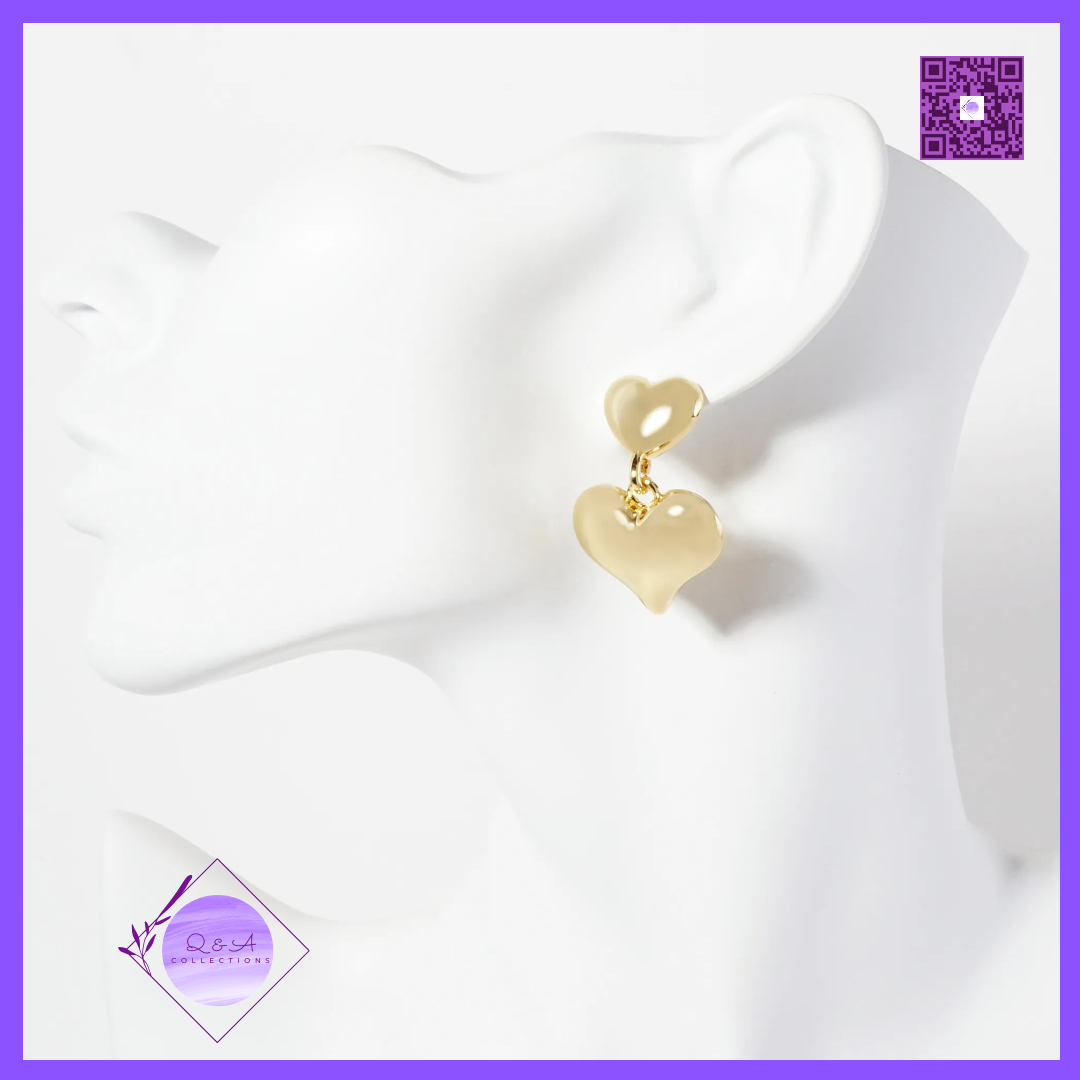 Polished Brass Double Heart Drop 18K-Gold-Dipped Dangle Earrings