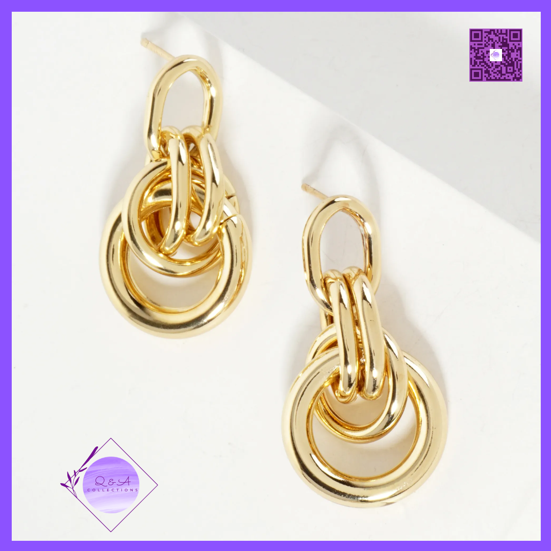 Polished Brass Interlocking Circles Drop 18K-Gold-Dipped Earrings