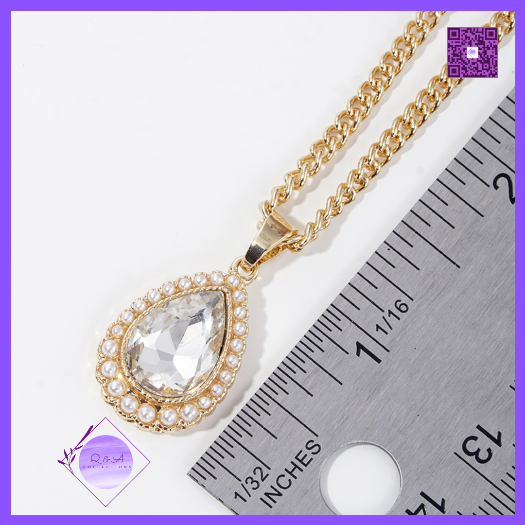 Acrylic Pearl Beaded Teardrop Rhinestone Pendant Necklace (Gold)