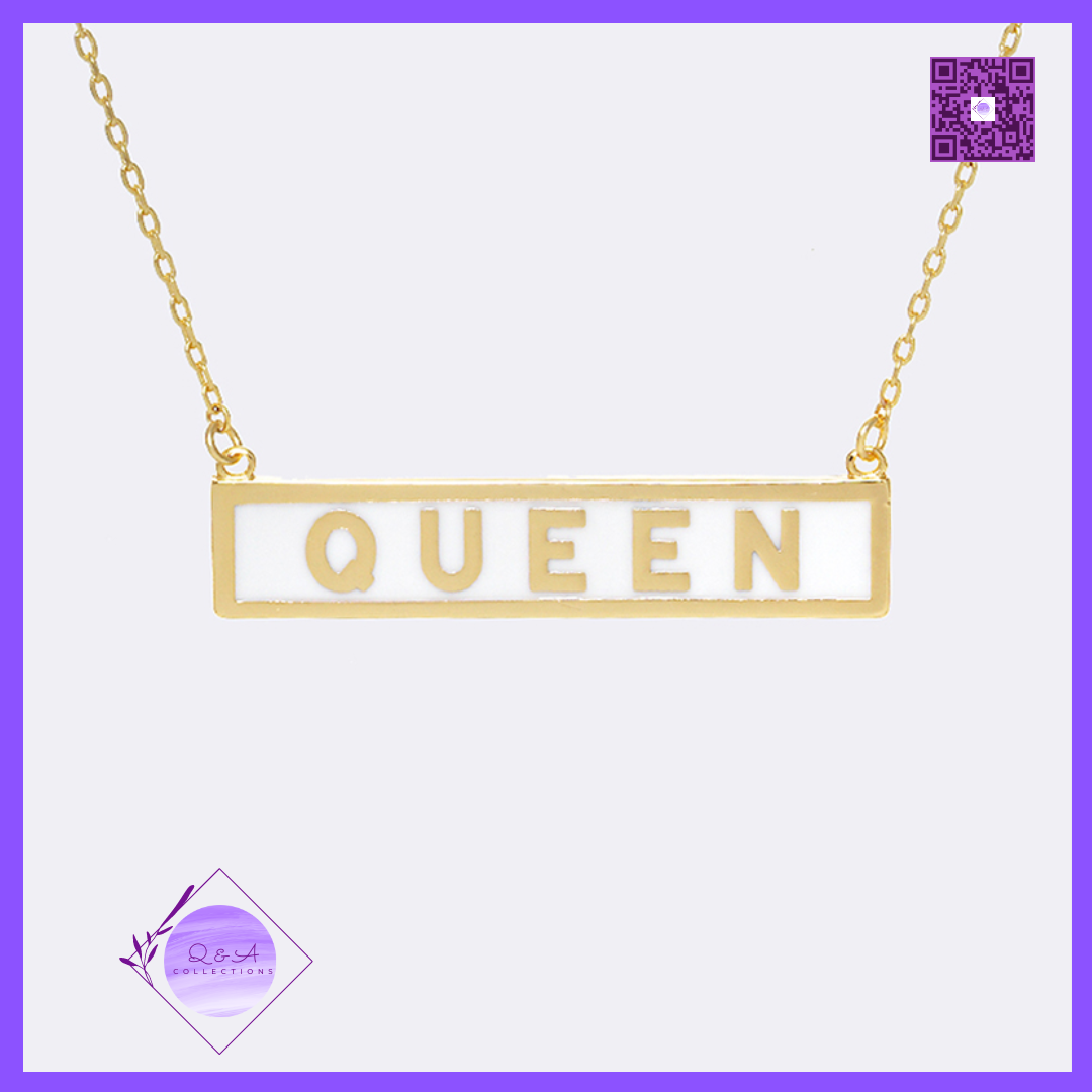 Gold Dipped QUEEN Bar Pendant Necklace (Gold-White)