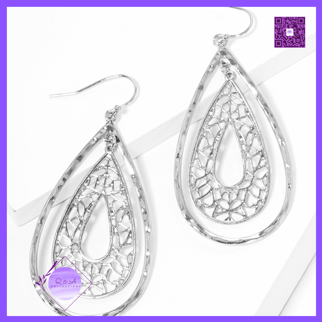 Hammered Metal Filigree Teardrop Fishhook Dangle Drop Earrings