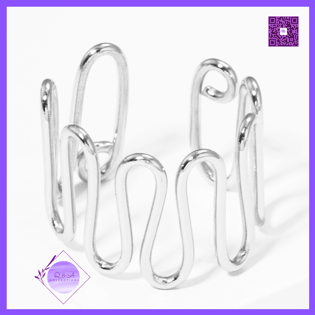 Metal Wire Wave Adjustable Cuff Ring (Rhodium)