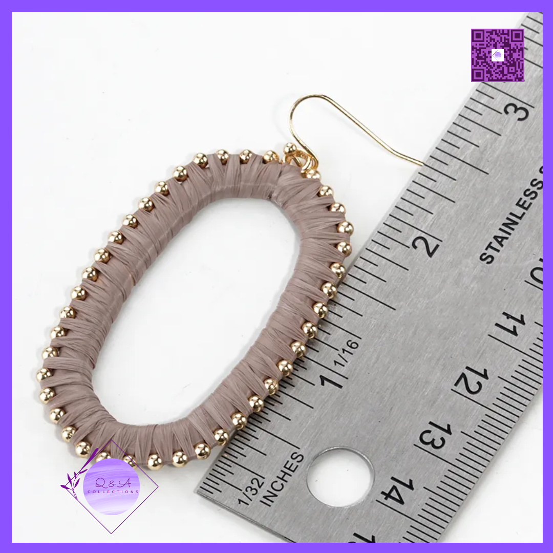 Raffia Wrapped Rounded Long Hexagon Dangle Drop Earrings