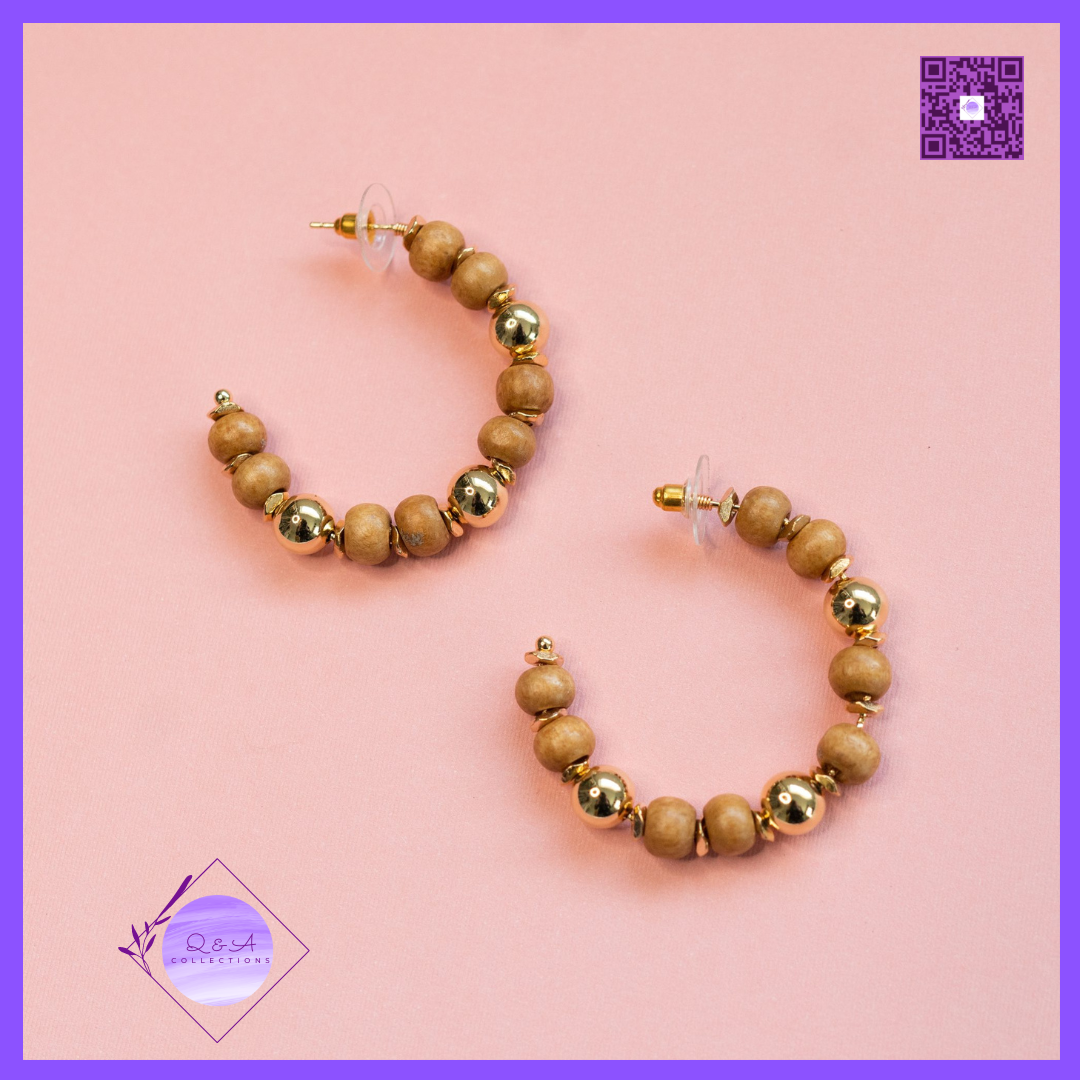 Wood and Gold Bead Hoop Earrings