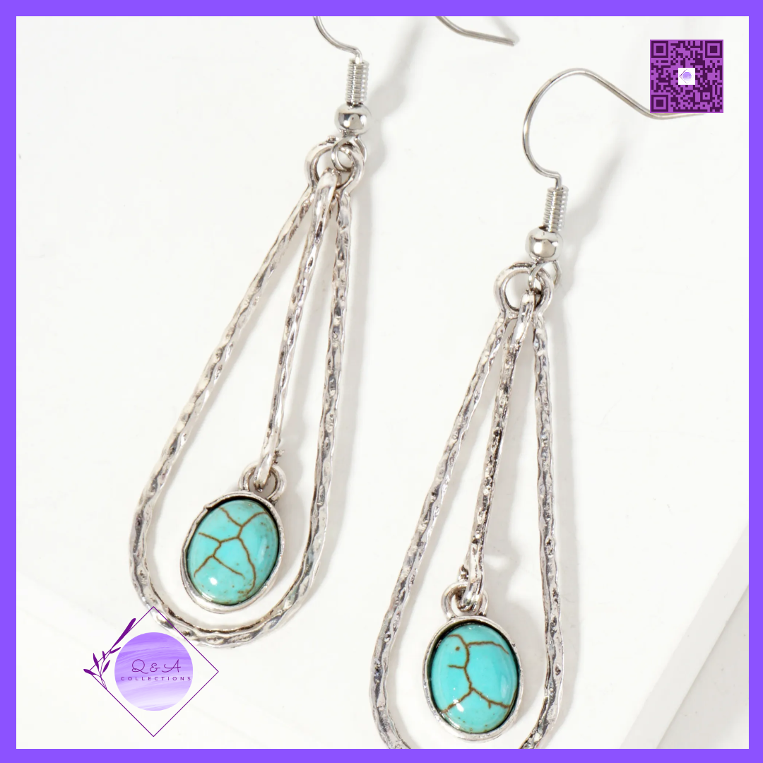 Hammered-Texture 9mm Oval Semi-Precious Natural-Stone Drop Teardrop Dangle Earrings