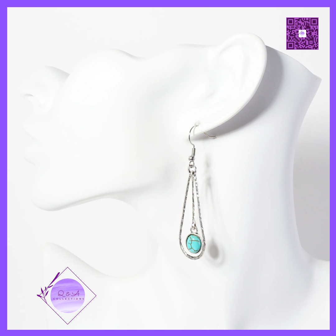Hammered-Texture 9mm Oval Semi-Precious Natural-Stone Drop Teardrop Dangle Earrings