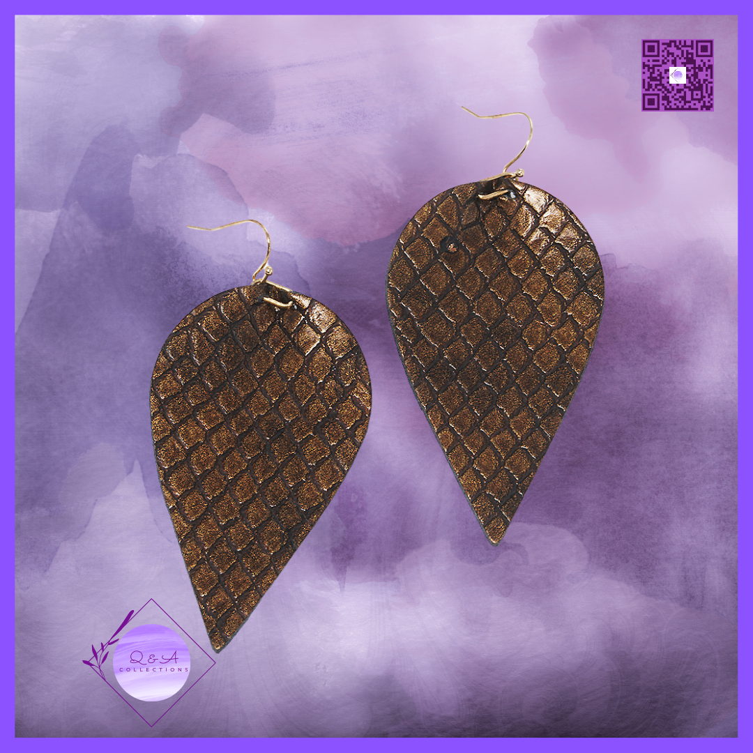 Snake Skin Printed Leaf Shaped Leatherette Fish Hook Dangle Drop Earrings