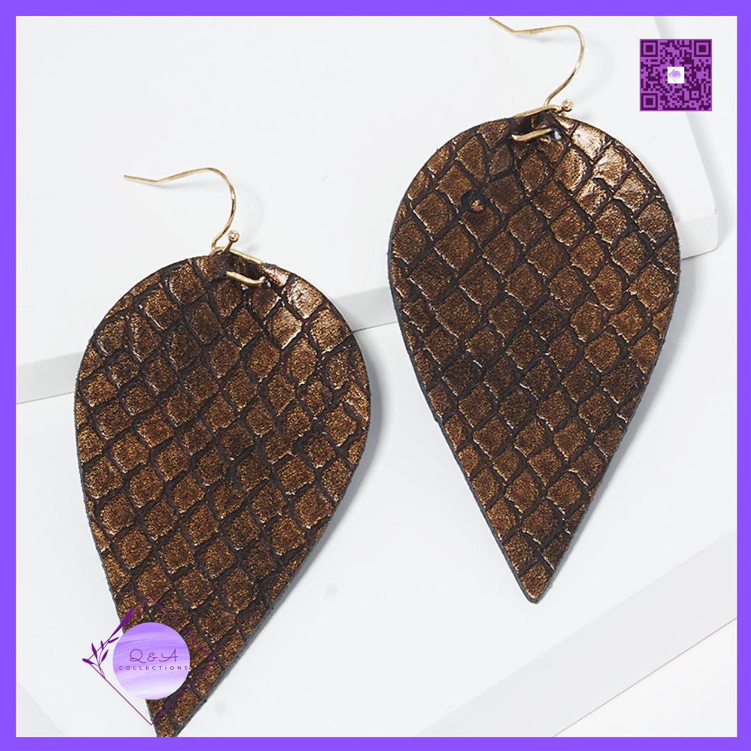 Snake Skin Printed Leaf Shaped Leatherette Fish Hook Dangle Drop Earrings
