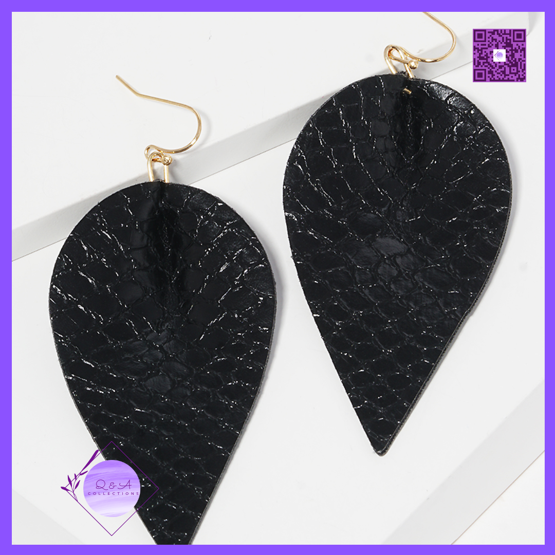 Snake Skin Printed Leaf Shaped Leatherette Fish Hook Dangle Drop Earrings