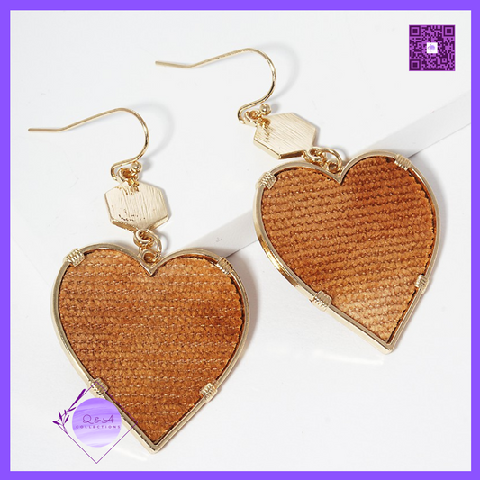 Brushed Hexagon Leatherette Heart Dangle Drop Earrings (Brown)