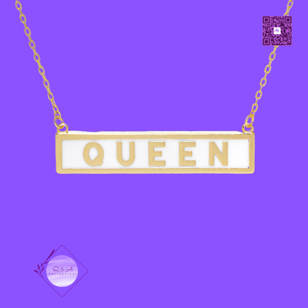 Gold Dipped QUEEN Bar Pendant Necklace (Gold-White)