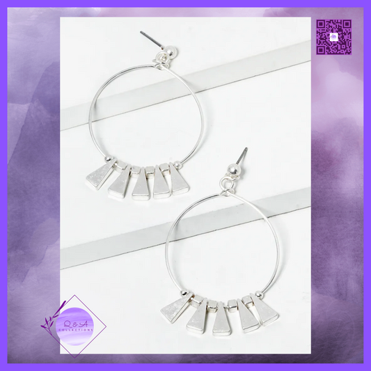 Metal Triangle Beads Drop Wire Circle Dangle Post Earrings (Worn Silver)