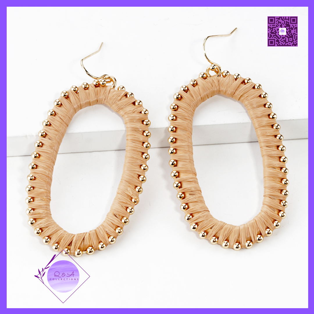 Raffia Wrapped Rounded Long Hexagon Dangle Drop Earrings