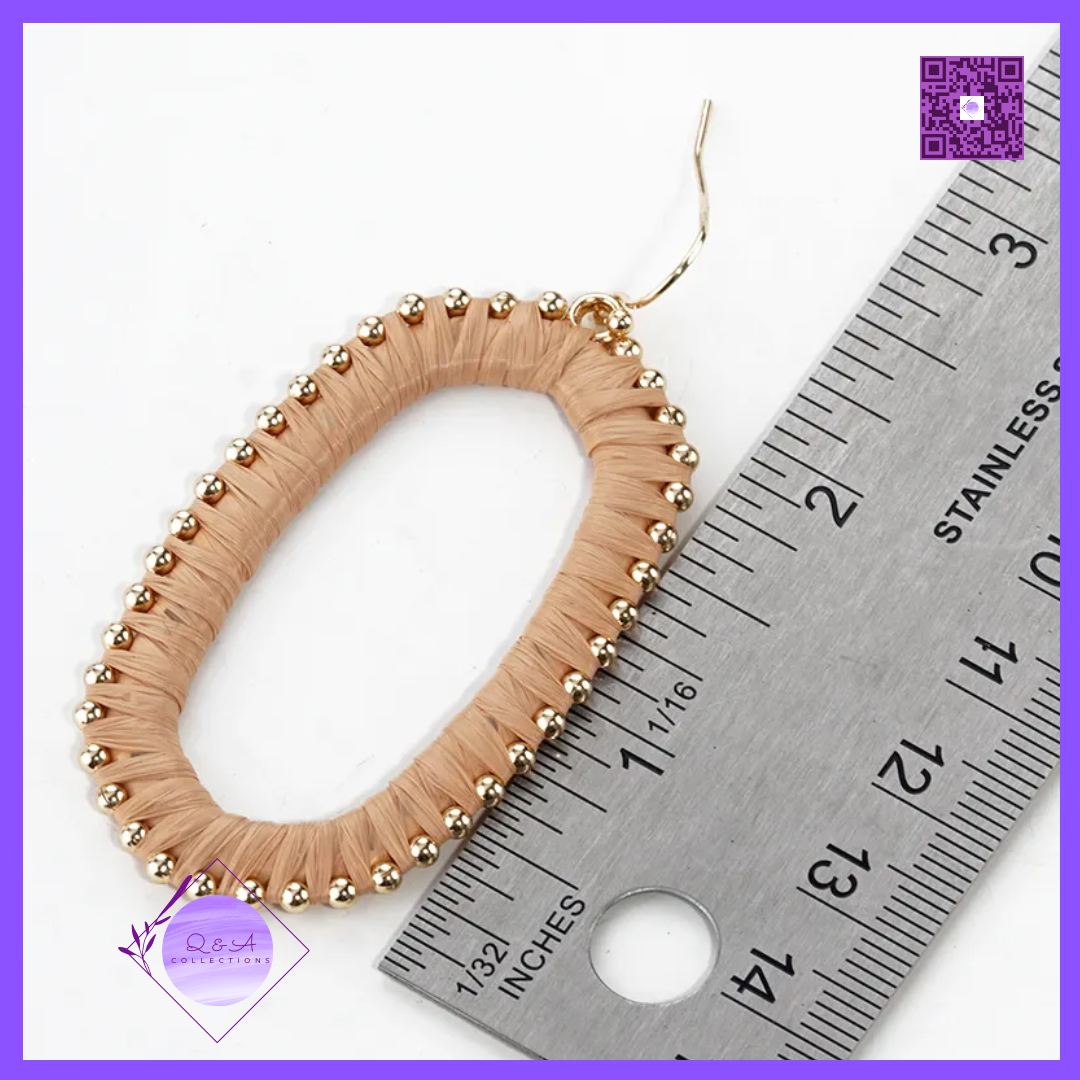 Raffia Wrapped Rounded Long Hexagon Dangle Drop Earrings