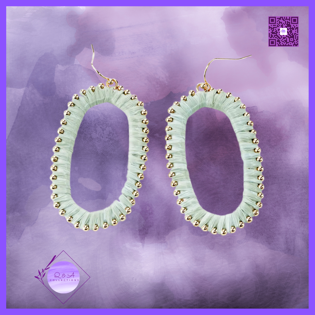 Raffia Wrapped Rounded Long Hexagon Dangle Drop Earrings