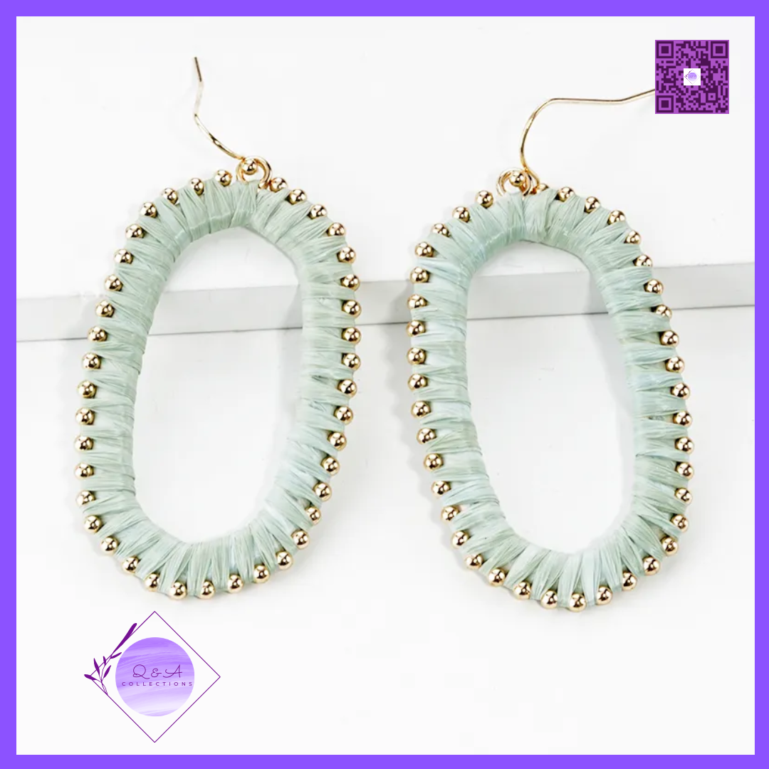 Raffia Wrapped Rounded Long Hexagon Dangle Drop Earrings
