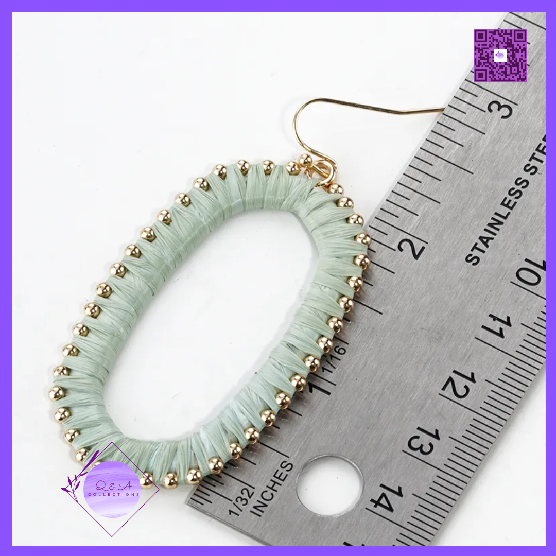 Raffia Wrapped Rounded Long Hexagon Dangle Drop Earrings