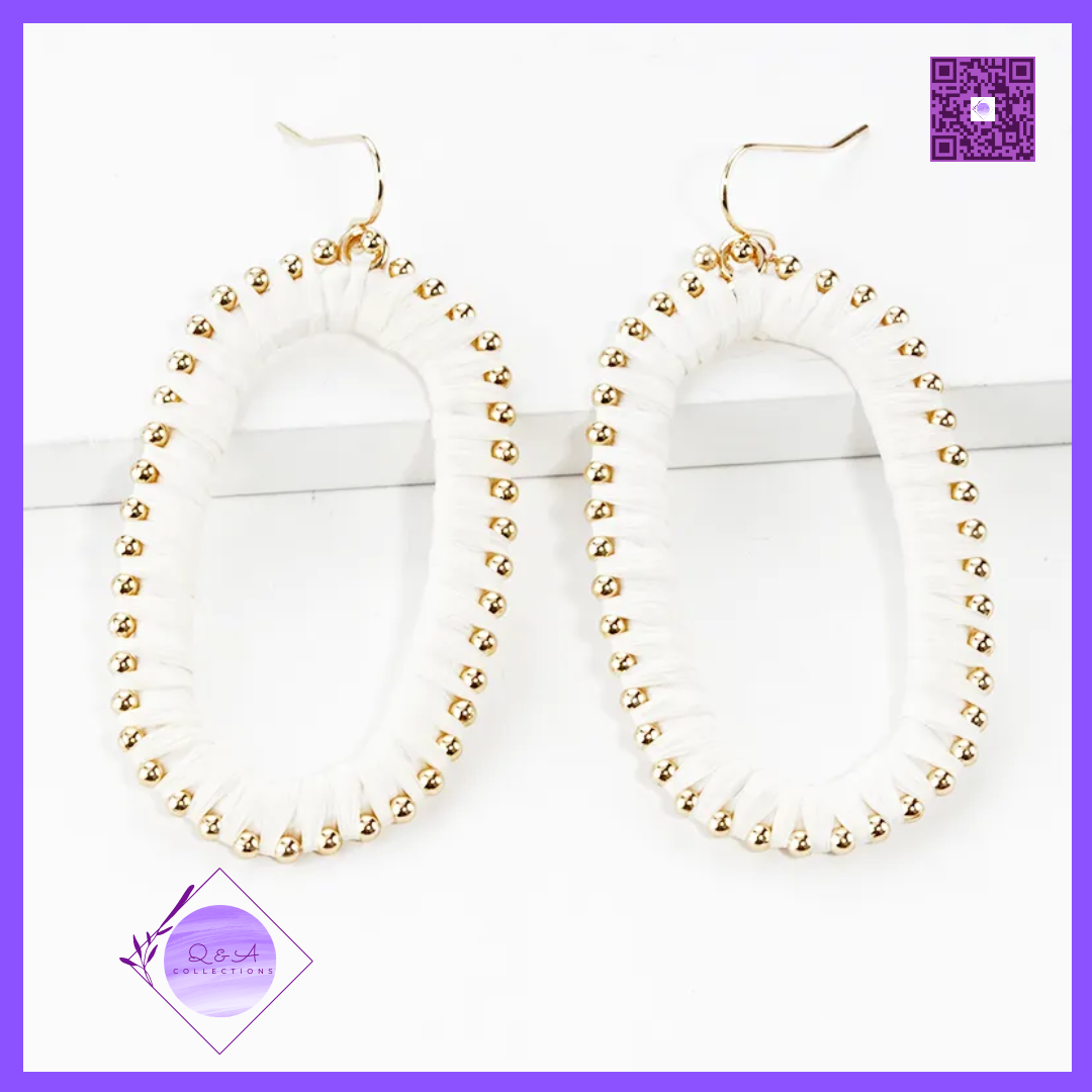 Raffia Wrapped Rounded Long Hexagon Dangle Drop Earrings