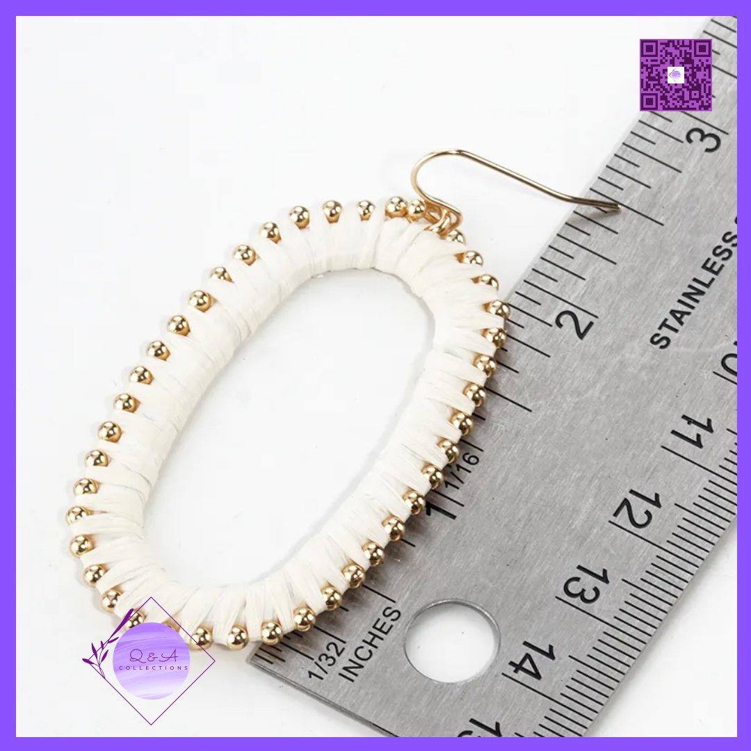 Raffia Wrapped Rounded Long Hexagon Dangle Drop Earrings