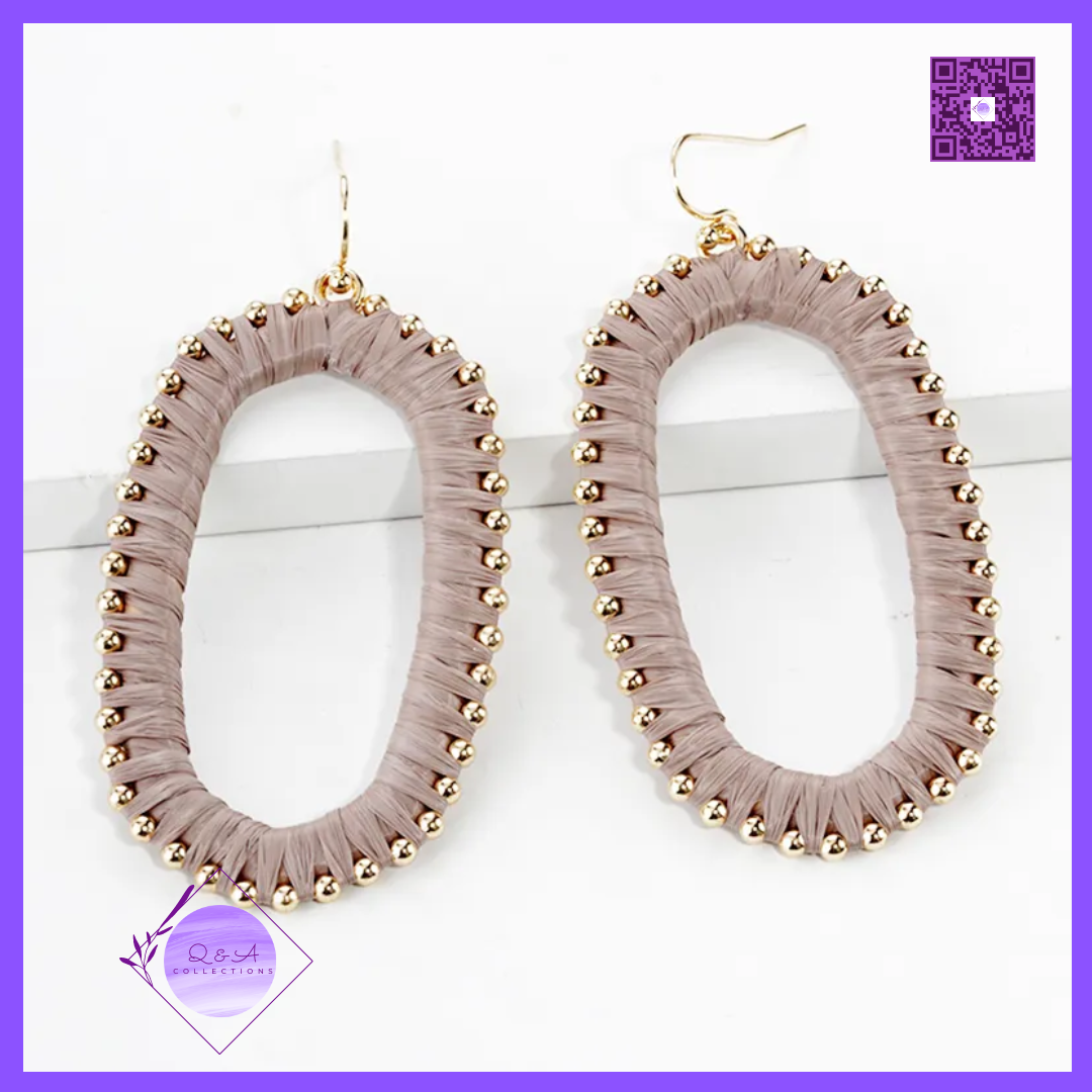 Raffia Wrapped Rounded Long Hexagon Dangle Drop Earrings