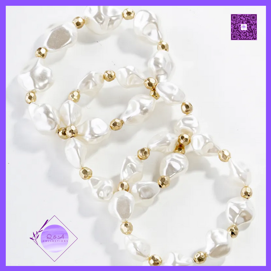 Set of 3 Organic Shaped Pearl Bead Stretch Stackable Bracelet