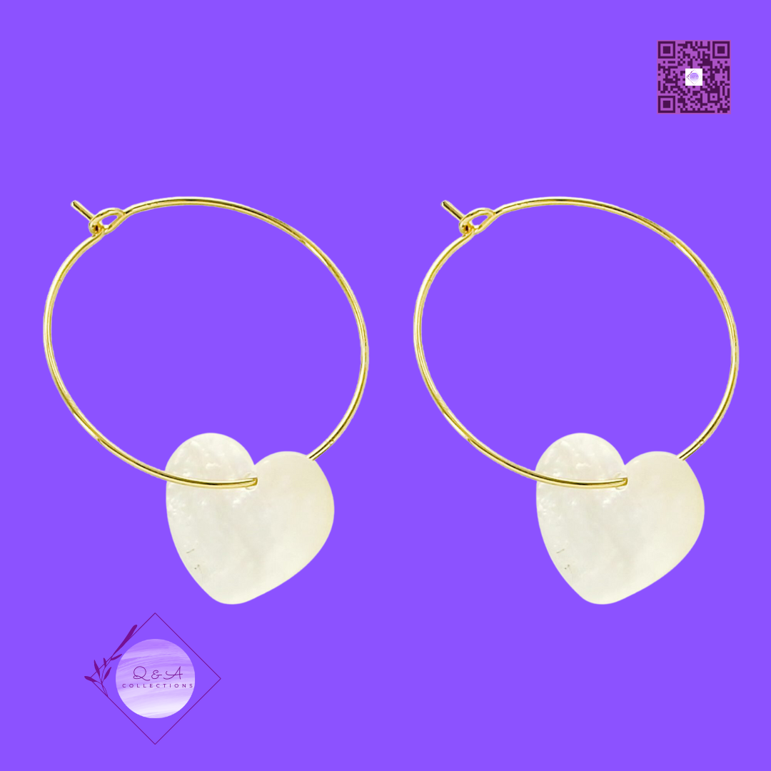 White Shell Heart Hoop Earrings