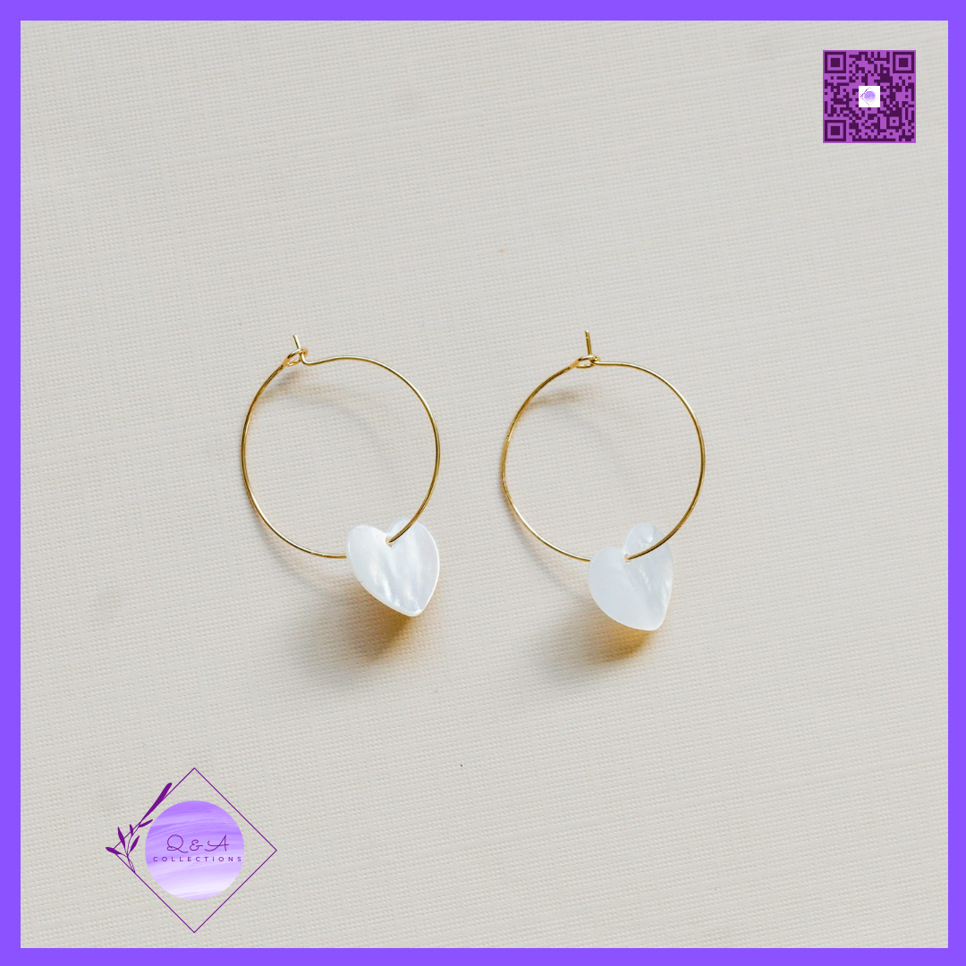 White Shell Heart Hoop Earrings