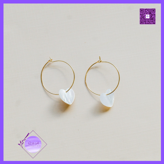 White Shell Heart Hoop Earrings