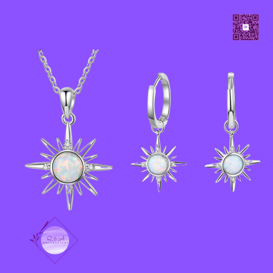 White Opal Stone Sun Pendant Necklaces with Hoop Earrings