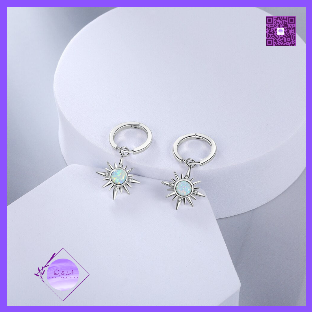 White Opal Stone Sun Pendant Necklaces with Hoop Earrings