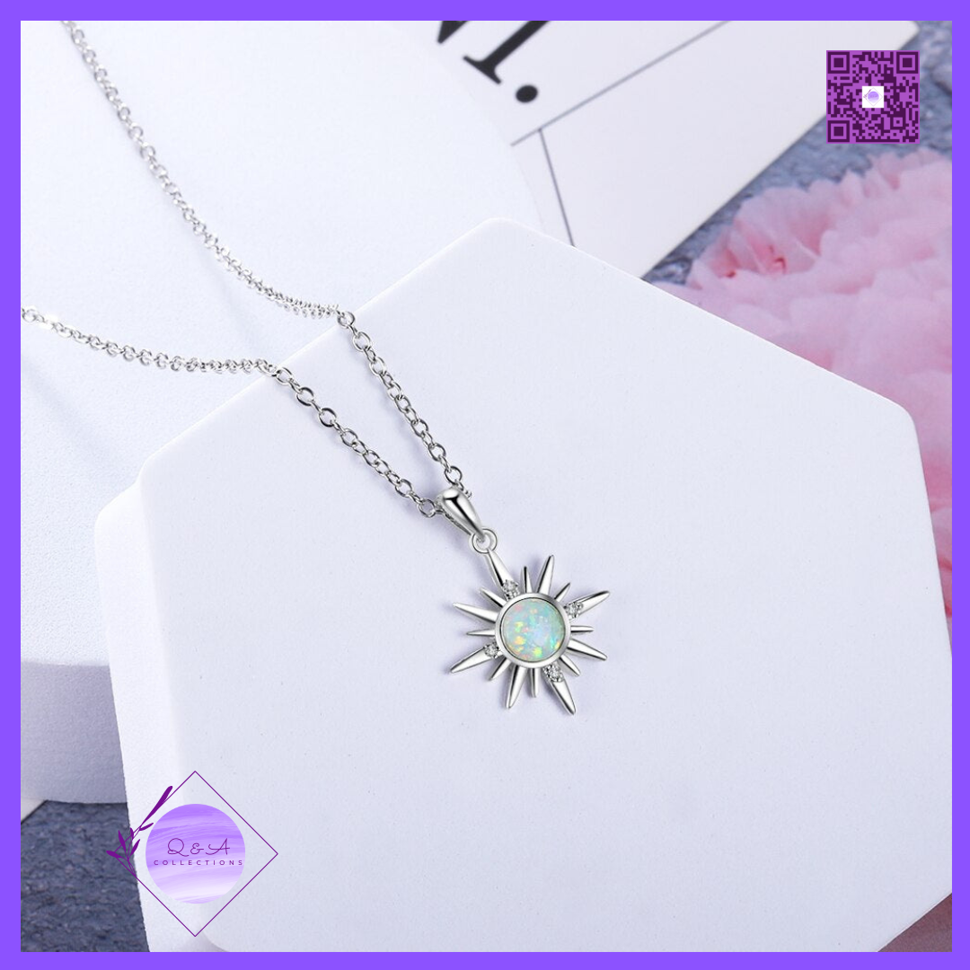 White Opal Stone Sun Pendant Necklaces with Hoop Earrings