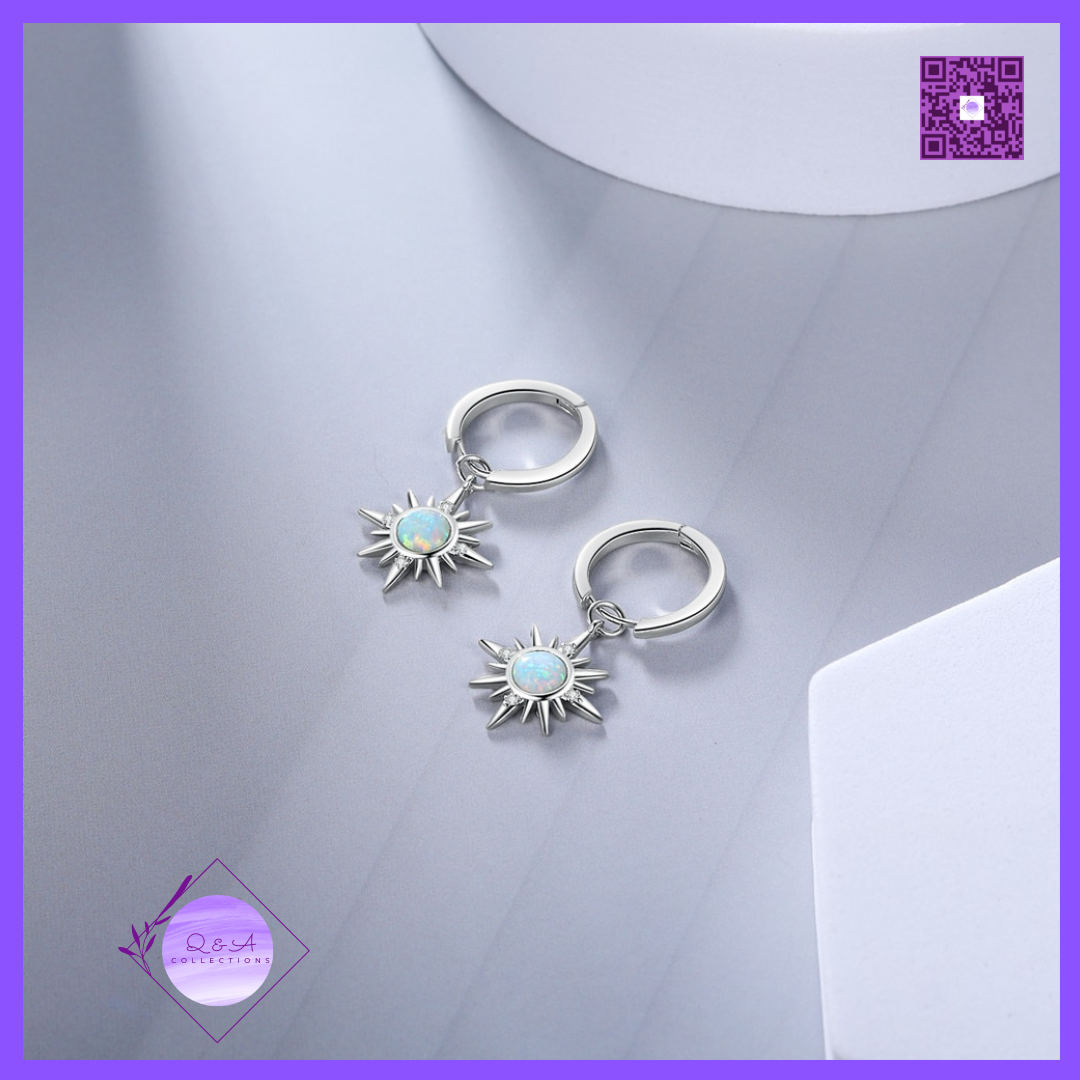 White Opal Stone Sun Pendant Necklaces with Hoop Earrings
